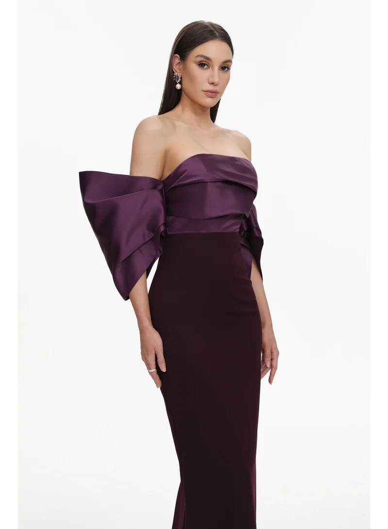 Bella Barnett  Sareka Elegant Tailored Off Shoulder Pleated Satin Maxi Dress for Women | Best Price UAE